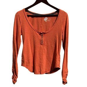Pilcro Linen Henley Top Orange Scoop Neck Snaps Long Sleeve Shirred Cuff  Medium